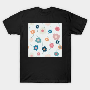 Pink, Blue  and Orange Vintage Daisy Repeat Pattern T-Shirt